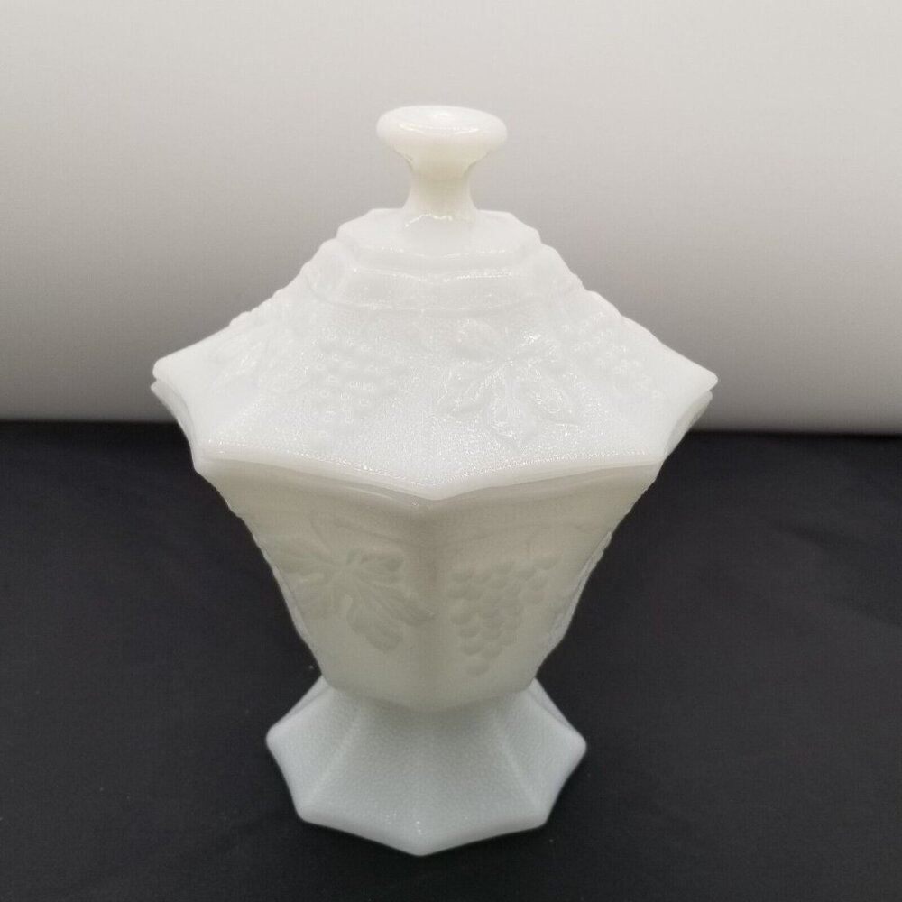 Vintage Milk Glass Footed Compote Candy Dish with Lid Grapes Leaves Pattern